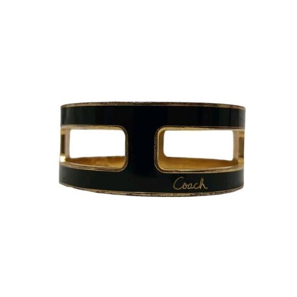 Y2K COACH Cuff Bracelet S/M BLACK GOLD Square Cut Out Modern Designer Rare VNTG - Picture 5 of 14